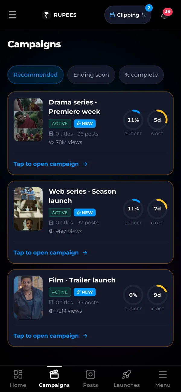 The Campaigns screen in the Rupees app: open campaigns with their posters, budget used and days left