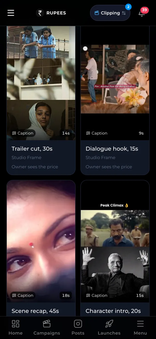 The Edit Marketplace in the Rupees app: edits made for live campaigns, each with its caption and length