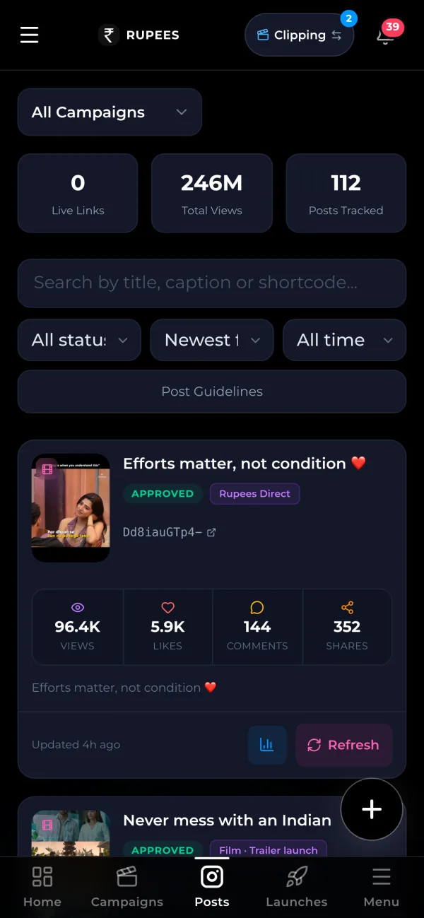 The Posts screen: 112 posts tracked and 246M views for @magical_lovetunes, with views, likes, comments and shares on each post